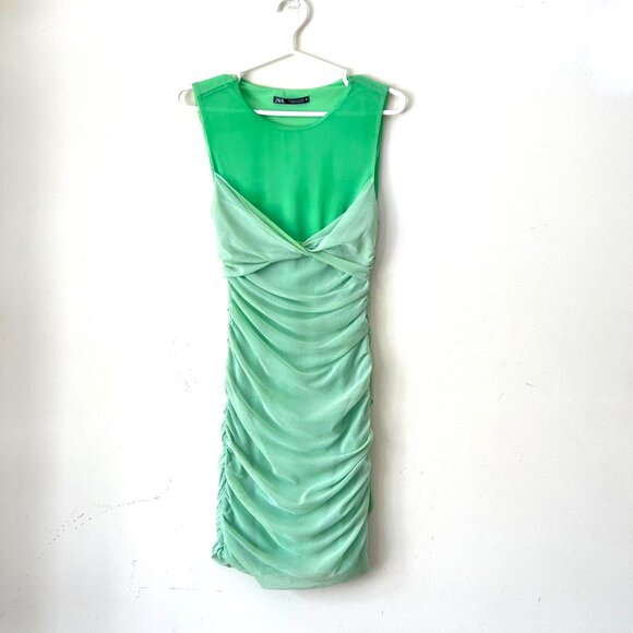 NEW ZARA Tulle/ Chiffon Ruched Mini Dress in Green, Size M - Picture 10 of 15